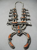 Authentic Vintage Native American Navajo Coral Sterling Silver Squash Blossom Necklace Old-Nativo Arts