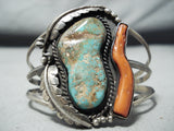 Authentic Vintage Native American Navajo Royston Turquoise Coral Sterling Silver Bracelet-Nativo Arts