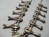 Authentic Vintage Native American Navajo Turquoise Coral Sterling Silver Squash Blossom Necklace-Nativo Arts