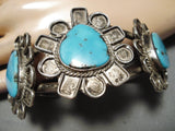 Authentic Vintage Native American Navajo Turquoise Interesting Sterling Silver Bracelet Old-Nativo Arts
