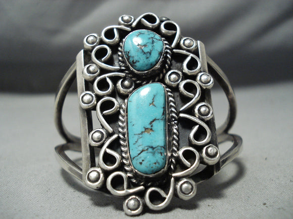 Beautiful Detail!! Vintage Native American Navajo Turquoise Sterling Silver Swirl Bracelet Old-Nativo Arts