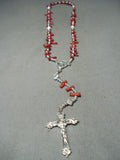 Beautiful Native American Navajo Coral Sterling Silver Rosary Necklace-Nativo Arts