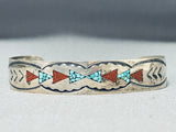 Beautiful Vintage Native American Navajo Turquoise Coral Chip Inlay Sterling Silver Bracelet-Nativo Arts