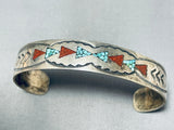 Beautiful Vintage Native American Navajo Turquoise Coral Chip Inlay Sterling Silver Bracelet-Nativo Arts