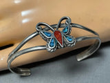 Beautiful Vintage Native American Navajo Turquoise Coral Sterling Silver Butterfly Bracelet-Nativo Arts