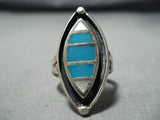Beautiful Vintage Native American Navajo Turquoise Inlay Sterling Silver Ring Old-Nativo Arts