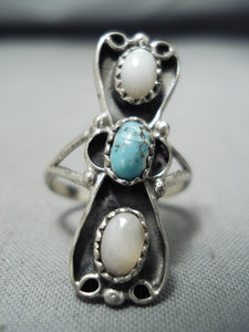 Beautiful Vintage Native American Navajo Turquoise & Mother Of Pearl Sterling Silver Ring-Nativo Arts