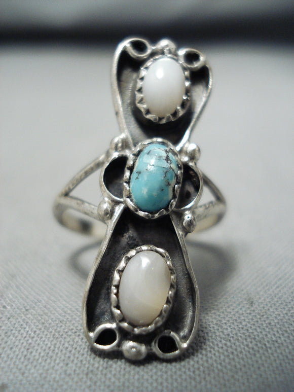 Beautiful Vintage Native American Navajo Turquoise & Mother Of Pearl Sterling Silver Ring-Nativo Arts