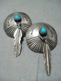 Beautiful Vintage Native American Navajo Turquoise Sterling Silver Feather Earrings-Nativo Arts