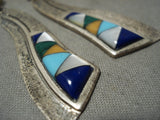 Beautiful Vintage Waving Navajo Turquoise Inlay Lapis Native American Jewelry Silver Earrings Old-Nativo Arts