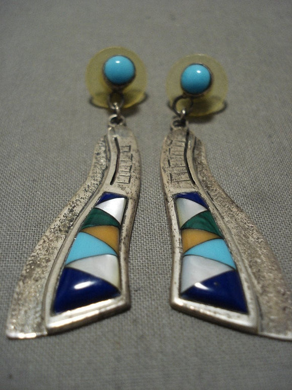 Beautiful Vintage Waving Navajo Turquoise Inlay Lapis Native American Jewelry Silver Earrings Old-Nativo Arts