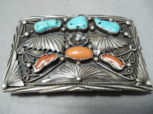 Ben Blackgoat Vintage Native American Navajo Morenci Turquoise Coral Sterling Silver Buckle-Nativo Arts