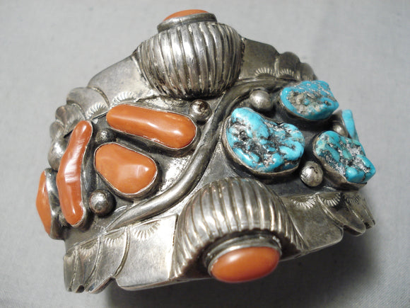 Best Chunky Coral Vintage Native American Navajo Turquoise Sterling Silver Bracelet Old-Nativo Arts
