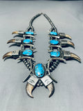 Best Vintage Native American Navajo Bear Turquoise Sterling Silver Squash Blossom Necklace-Nativo Arts