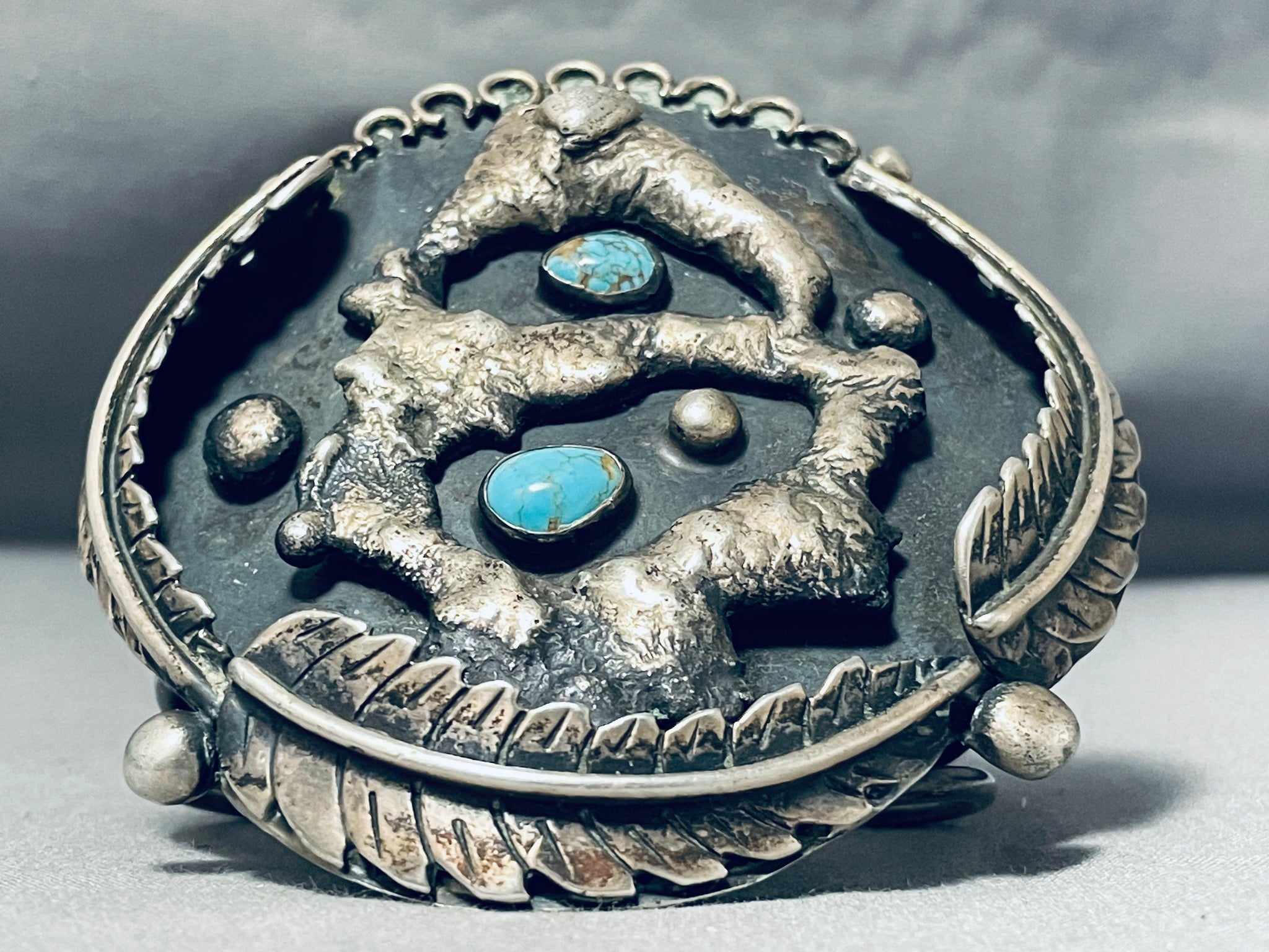 Native American Made Heavy Sand Cast Sterling Silver and Turquoise Bra -  Gold Bear Trading Company
