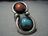 Big!! Vintage Navajo Coral Turquoise Sterling Silver Native American Ring Old-Nativo Arts