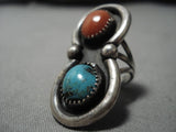 Big!! Vintage Navajo Coral Turquoise Sterling Silver Native American Ring Old-Nativo Arts