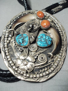 Biggest Craziest Vintage Native American Navajo Turquoise Coral Bear Sterling Silver Bolo Tie-Nativo Arts