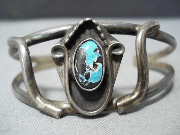 Bisbee Turquoise Vintage Native American Navajo Swirling Sterling Silver Bracelet Old-Nativo Arts