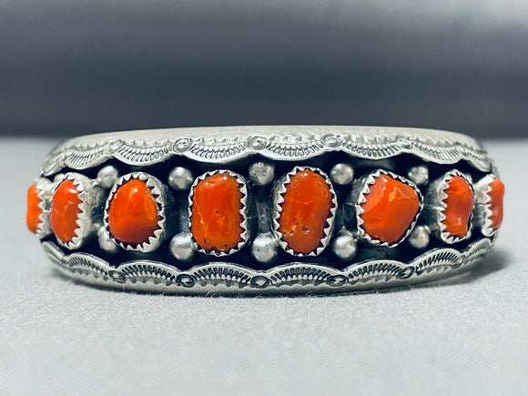 Breathtaking Vintage Native American Navajo Signed 8 Corals Sterling Silver Bracelet-Nativo Arts