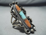Breathtaking Vintage Native American Navajo Turquoise Coral Sterling Silver Ring Old-Nativo Arts