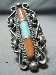 Breathtaking Vintage Native American Navajo Turquoise Coral Sterling Silver Ring Old-Nativo Arts