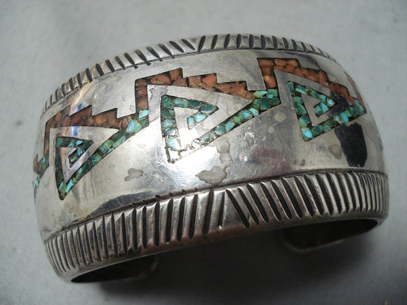 Carl Allen Begay Vintage Native American Navajo Turquoise Coral Sterling Silver Bracelet-Nativo Arts