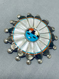 Ceremonial Very Detailed Vintage Native American Zuni Turquoise Sterling Silver Inlay Pin-Nativo Arts