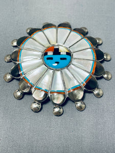 Ceremonial Very Detailed Vintage Native American Zuni Turquoise Sterling Silver Inlay Pin-Nativo Arts
