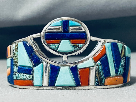 Charles Chee Vintage Native American Navajo Turquoise Inlay Sterling Silver Bracelet-Nativo Arts