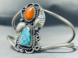 Charlie Singer Vintage Native American Navajo Kingman Turquoise Coral Sterling Silver Bracelet-Nativo Arts