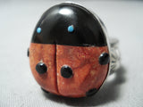 Charming Navajo Spiny Oyster, Jet Sterling Silver Ladybug Ring Native American-Nativo Arts