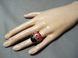 Charming Navajo Spiny Oyster, Jet Sterling Silver Ladybug Ring Native American-Nativo Arts