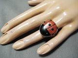 Charming Navajo Spiny Oyster, Jet Sterling Silver Ladybug Ring Native American-Nativo Arts