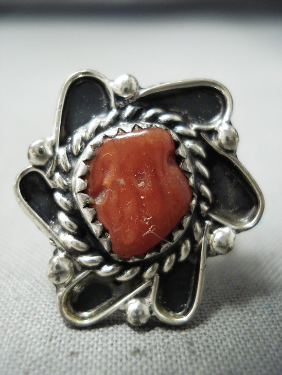 Chunky Coral Twisted Sterling Silver Vintage Native American Navajo Ring-Nativo Arts