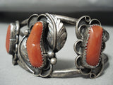 Chunky Coral Vintage Native American Navajo Leaf Sterling Silver Patina Bracelet-Nativo Arts