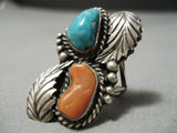 Chunky Dunky Coral Turquoise Vintage Native American Navajo Sterling Silver Leaf Ring-Nativo Arts