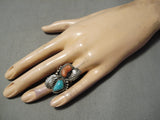 Chunky Dunky Coral Turquoise Vintage Native American Navajo Sterling Silver Leaf Ring-Nativo Arts