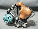Chunky Dunky Coral Vintage Native American Navajo Turquoise Sterling Silver Bracelet Old-Nativo Arts