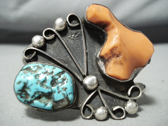 Chunky Dunky Coral Vintage Native American Navajo Turquoise Sterling Silver Bracelet Old-Nativo Arts