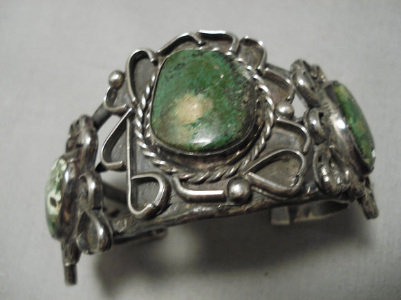 Chunky Huge Vintage Native American Navajo Moss Green Turquoise Sterling Silver Bracelet Old-Nativo Arts