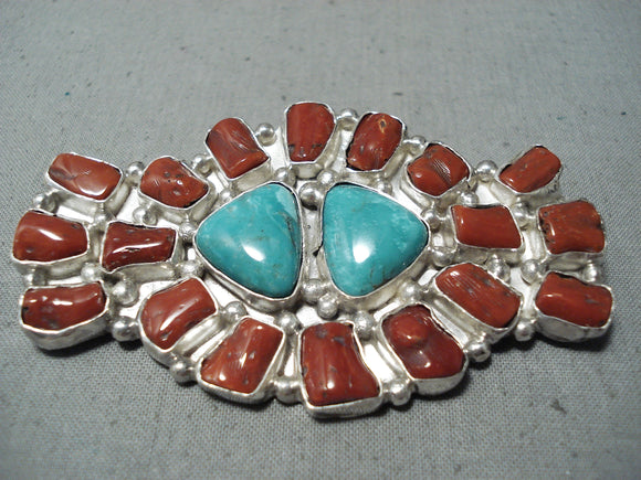 Chunky Vintage Native American Navajo Turquoise Coral Sterling Silver Pin-Nativo Arts