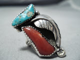 Chunky Vintage Native American Navajo Turquoise & Coral Sterling Silver Ring Old-Nativo Arts