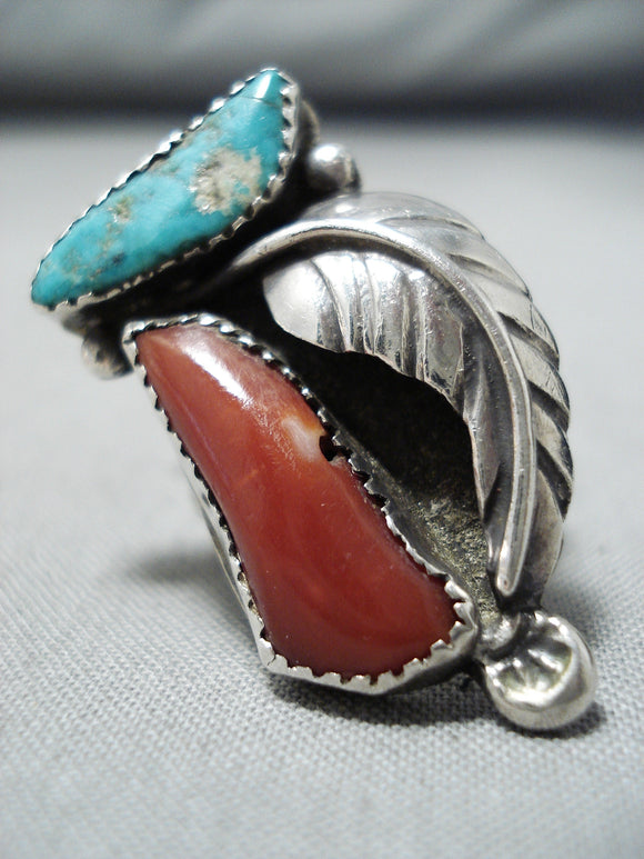 Chunky Vintage Native American Navajo Turquoise & Coral Sterling Silver Ring Old-Nativo Arts