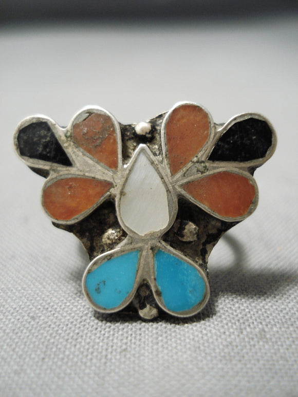 Colorful Vintage Native American Zuni Inlay Turquoise Coral Jet Sterling Silver Ring Old-Nativo Arts