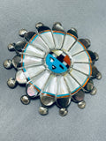 Colossal 3' Diameter Vintage Native American Zuni Turquoise Sterling Silver Inlay Pin Old-Nativo Arts