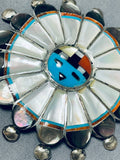Colossal 3' Diameter Vintage Native American Zuni Turquoise Sterling Silver Inlay Pin Old-Nativo Arts