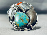 Colossal Native American Navajo Bear Turquoise Coral Sterling Silver Ring-Nativo Arts