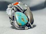 Colossal Native American Navajo Bear Turquoise Coral Sterling Silver Ring-Nativo Arts