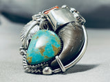 Colossal Native American Navajo Bear Turquoise Coral Sterling Silver Ring-Nativo Arts